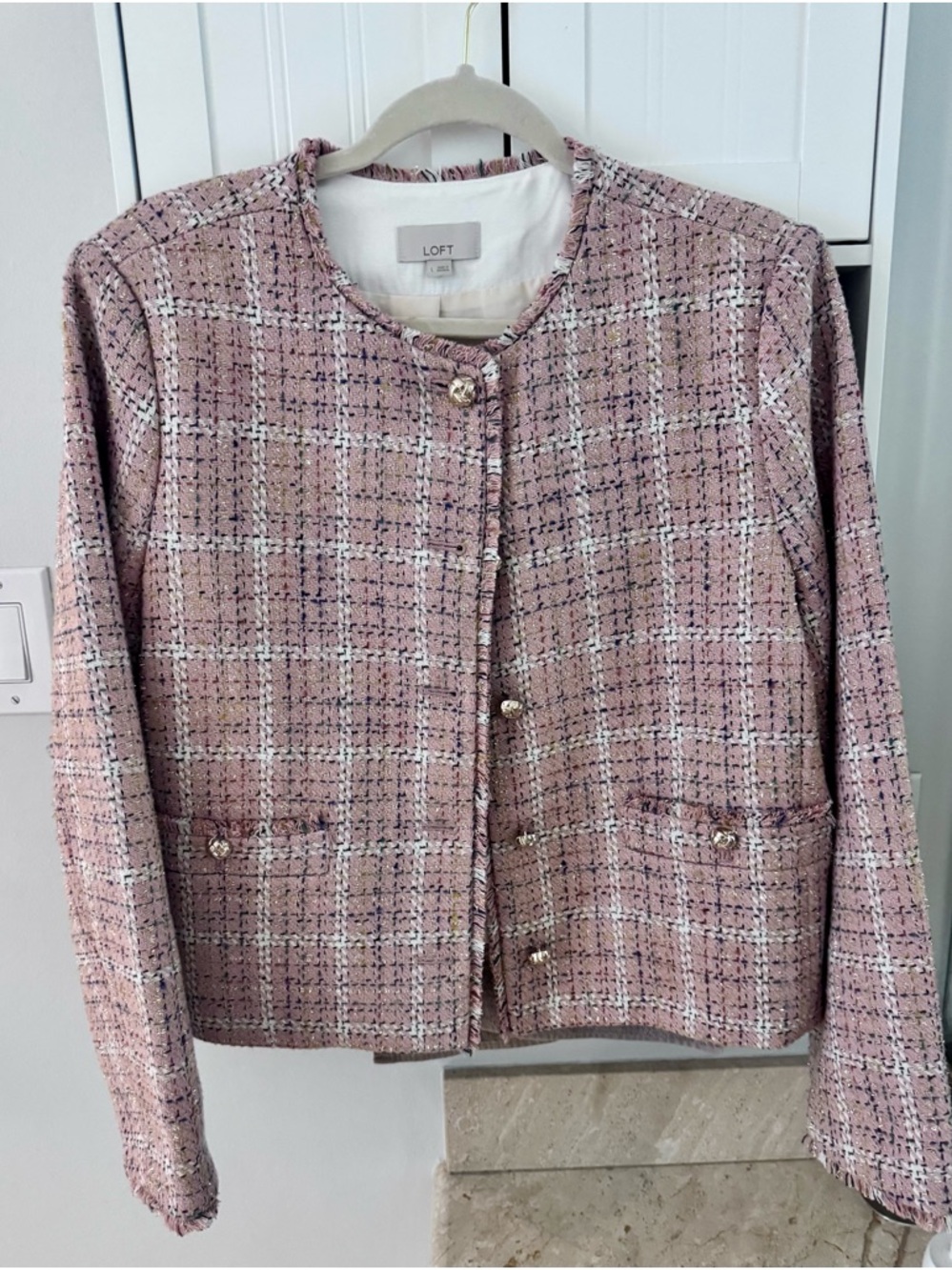 LOFT Pink Multi-Tone Tweed Collarless Blazer